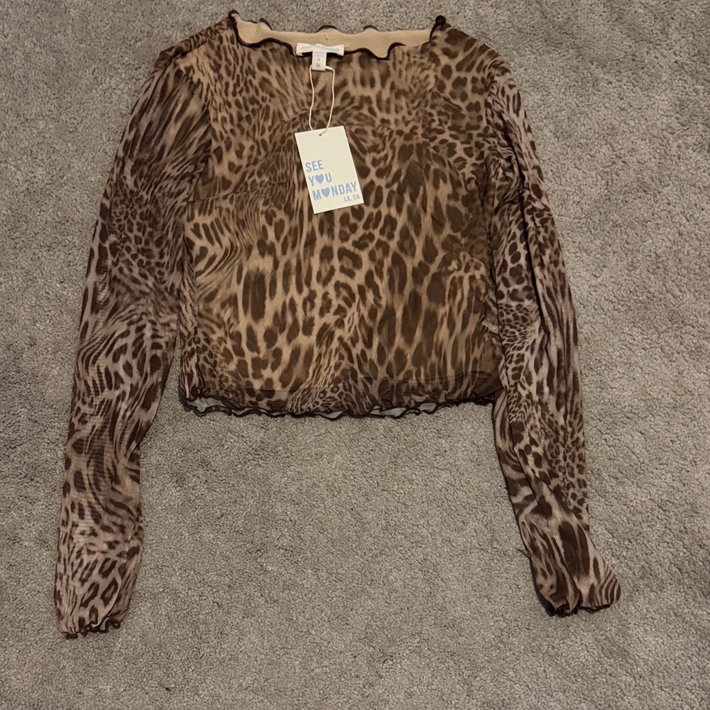See You Monday Brown Leopard Print Mesh Long Sleeve Crop Top